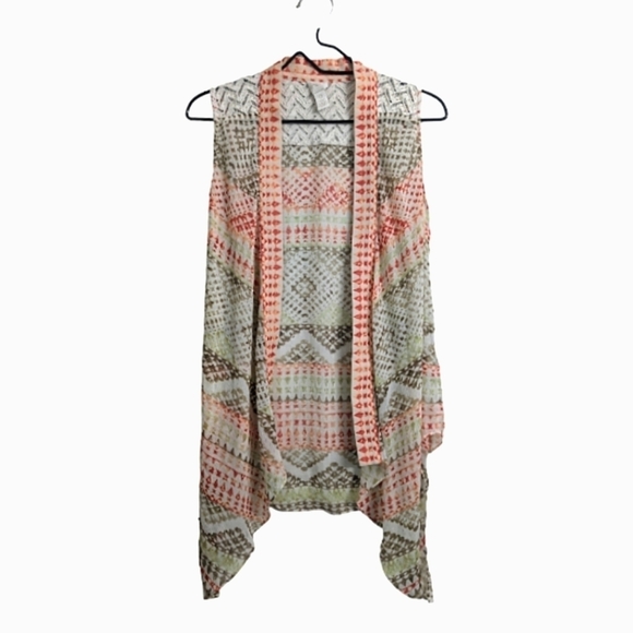 Chico's Orange Tan Cardigan Duster Sleeveless Geo Print Sheer Lightweight S/4 - Picture 1 of 9